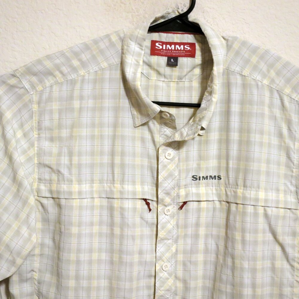 Simms Shirt Mens Large Long Sleeve Button Fishing Yellow White Striped